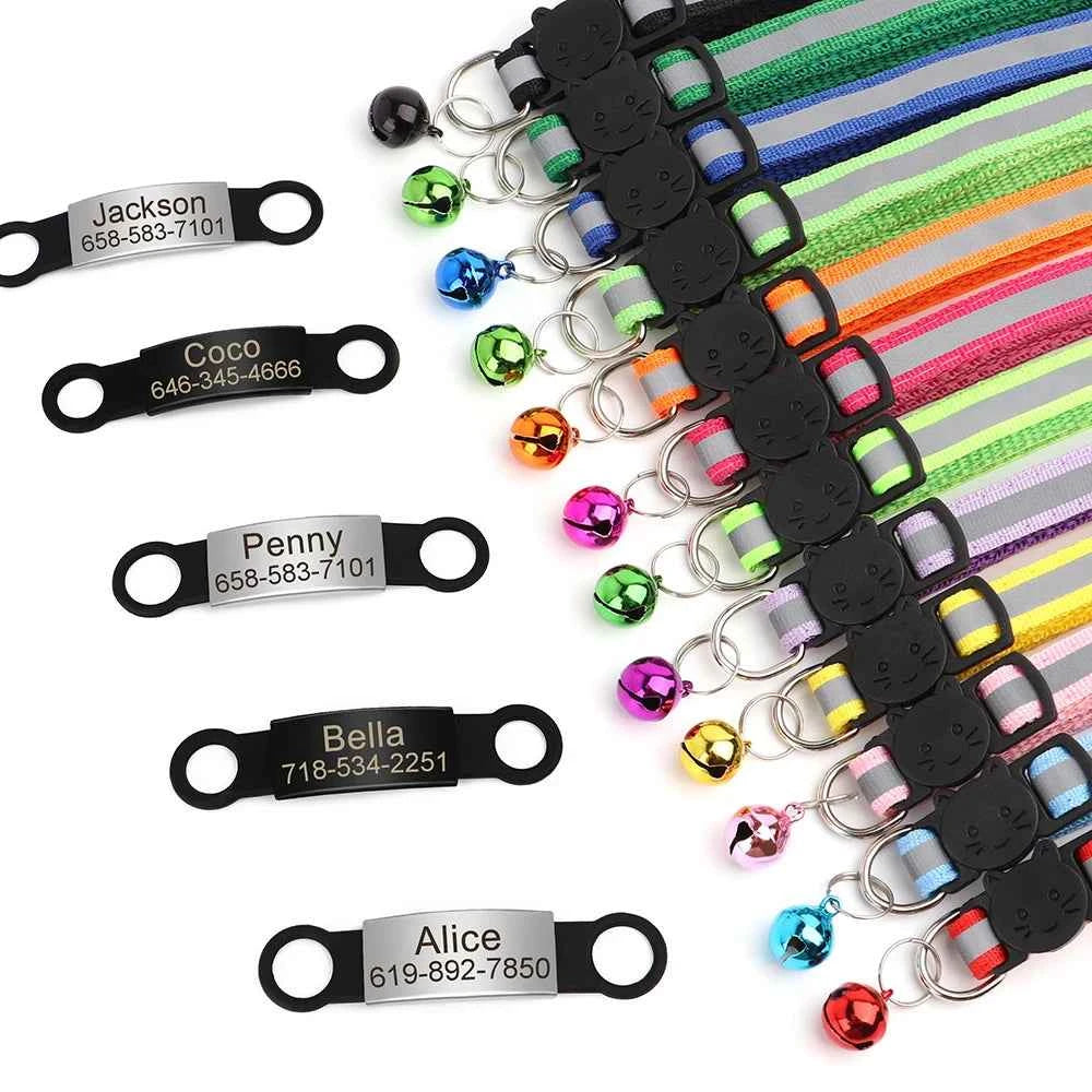 Customized Cat Collar Reflective Cat Collar Free Engraved Puppy Kitten Pet ID Nameplate Necklace With Bell Anti-lost For Cats