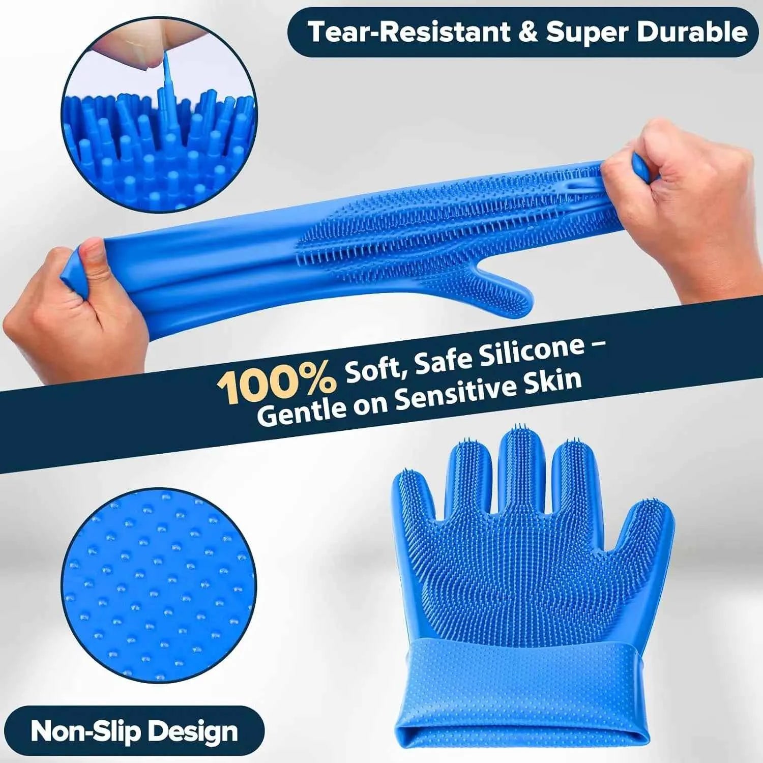 6PCS Pet Grooming Kit: Gloves, Bath Brush & Finger Toothbrush for Dogs Cats Horses (Navy Blue)