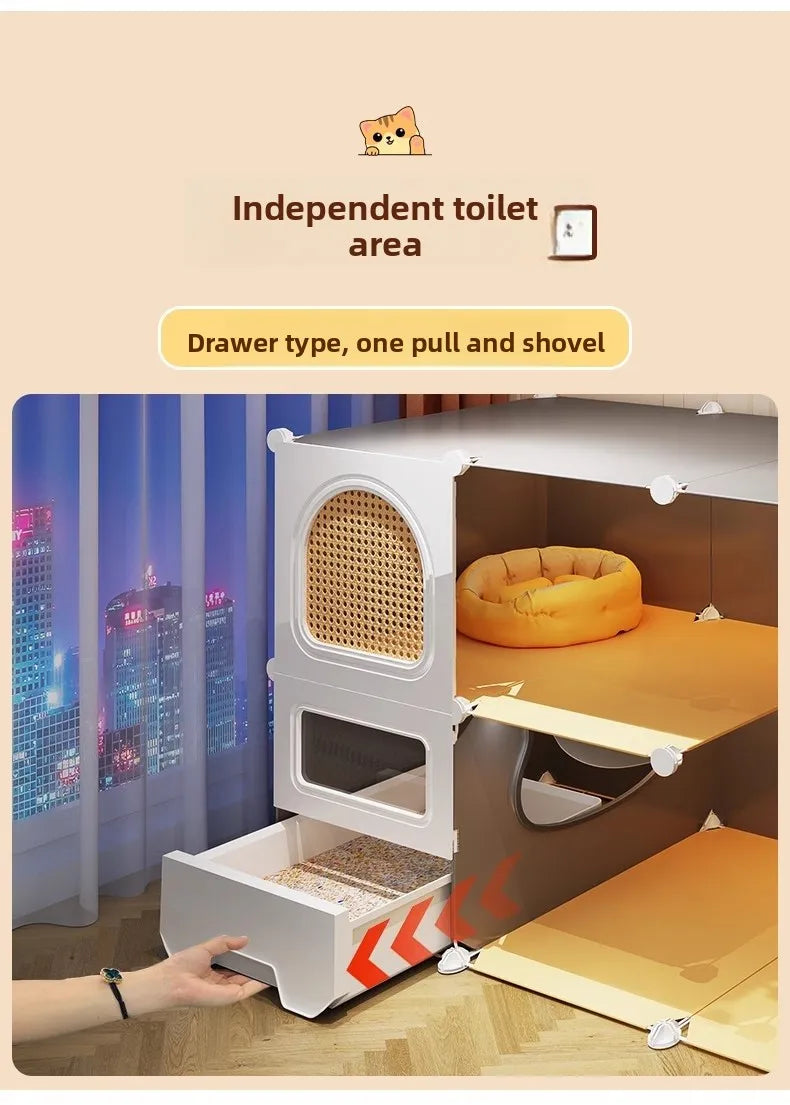 Large Cat Cages with Bed & Litter Box Indoor Multi-Level Cat House Spacious 3-in-1 Pet Villa Roomy Playpen with Resting Area - Play Paws Toys