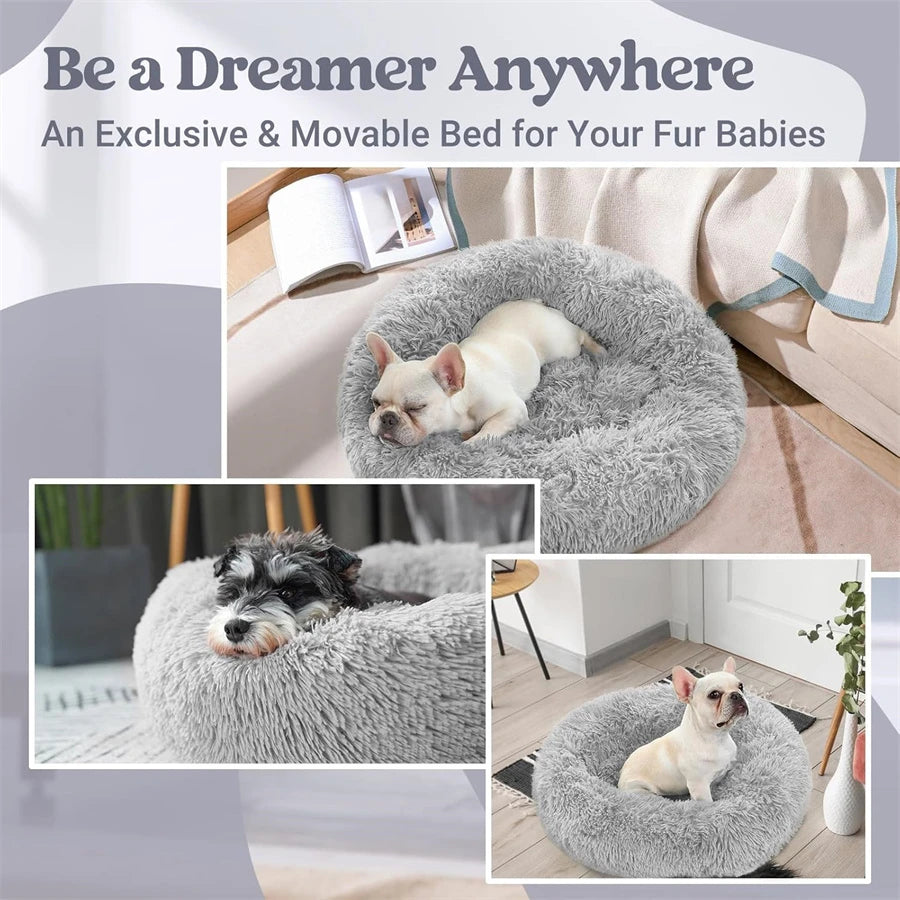 Soft Long Plush Cat House Beds dog Calm Warm Faux Fur Bed Donut Round Comfortable Sleeping Bed Washable for Small Medium Dog Cat - Play Paws Toys