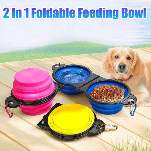 New 2 in 1 Collapsible Dog Travel Bowl Double Bowls Folding Food Water Bowl Portable Hangable Dog Feeder for Outdoor Dog Product