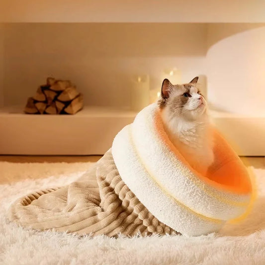 Warming Plush Cat Sleeping Bag: Enclosed Snuggle Sack with Burrow Entry for Winter - Cozy Fuzz Sleeping Bag for Anxious Cats - Play Paws Toys