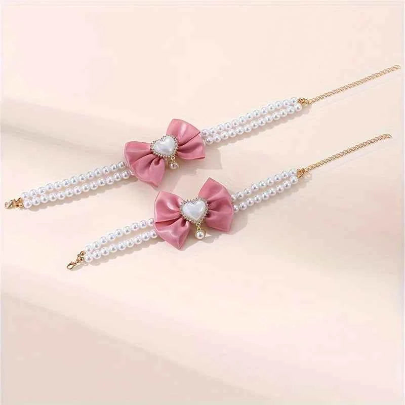 1Pc Double Layer Pet Collar with Heart Drop Pendant,ABS Material,Adjustable Bowknot Design,Suitable for Small to Medium Dogs