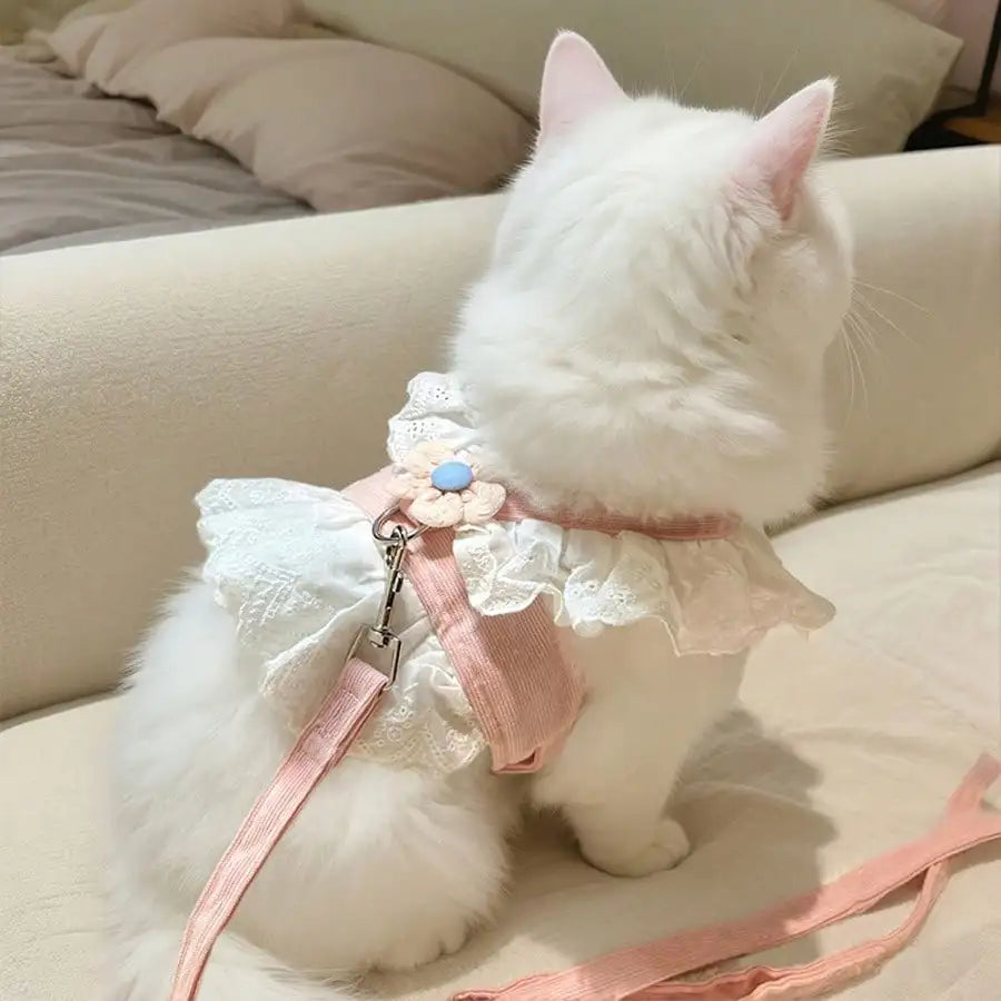 Floral Lace Pet Harness Dress with Leash, Ruffle Edge Vest Outfit for Small Dogs and Cats, Breathable Walking Harness