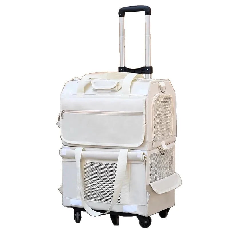 Double Layer Breathable Pet Carrier with Wheels Foldable Outdoor Travel Cat Trolley Case for Two Cats Portable Pet Trolley bag - Play Paws Toys