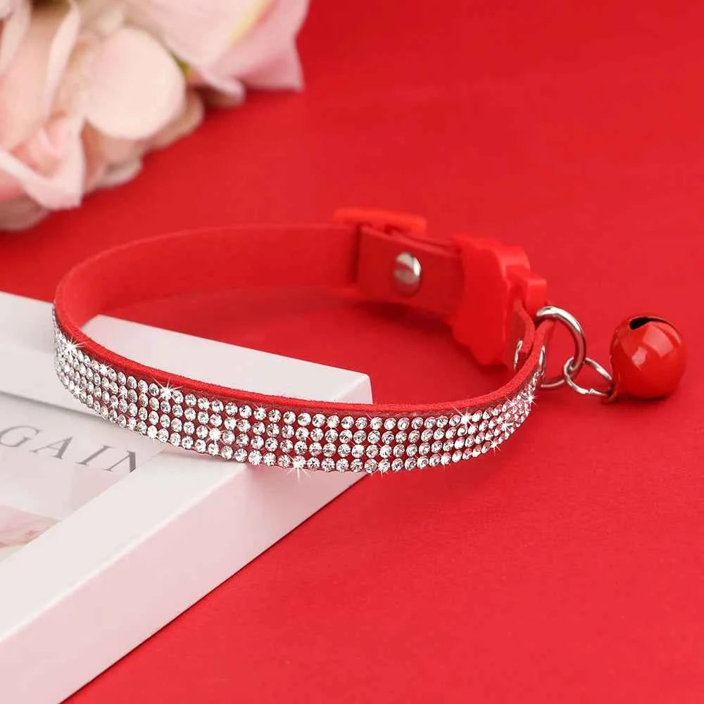 Soft Pink Suede Leather Cat Collar - Bling Rhinestone Design with Bell, Safety Breakaway & Adjustable XS/S for Cats & Puppies