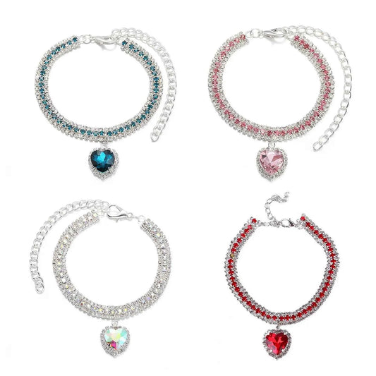 Luxury Rhinestone Dog Cat Collar Crystal Bling Pet Necklace Adjustable Heart Pendant Jewelry for Puppy Kitten Accessories