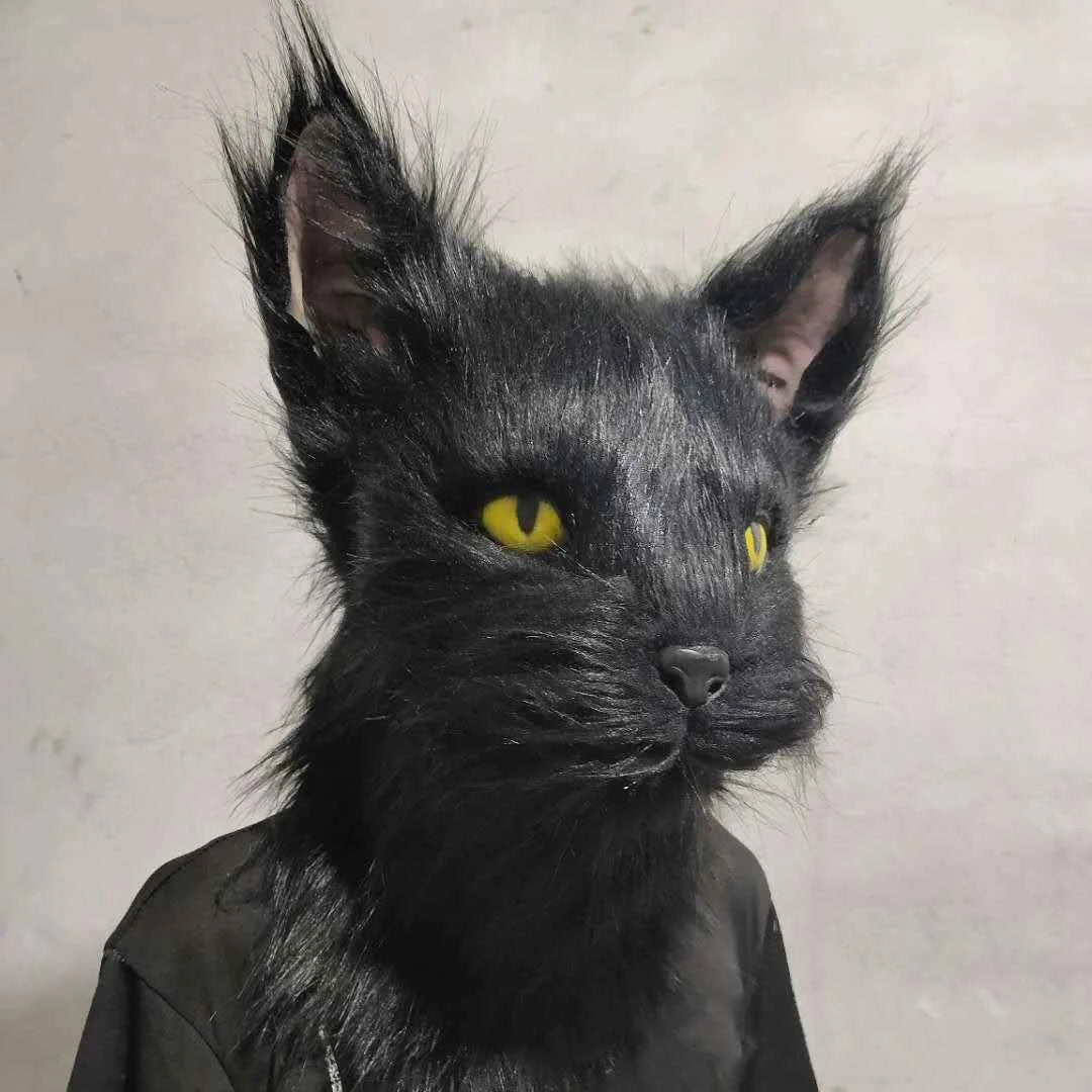 Latex with Fur Black Cat Cosplay Mask Scary Helmet Animal Funny Costume Hood Hair Mask Headwear Adult Halloween Party Props