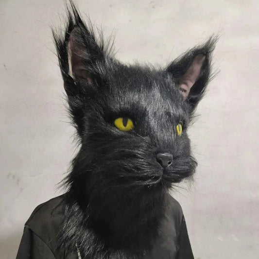 Latex with Fur Black Cat Cosplay Mask Scary Helmet Animal Funny Costume Hood Hair Mask Headwear Adult Halloween Party Props