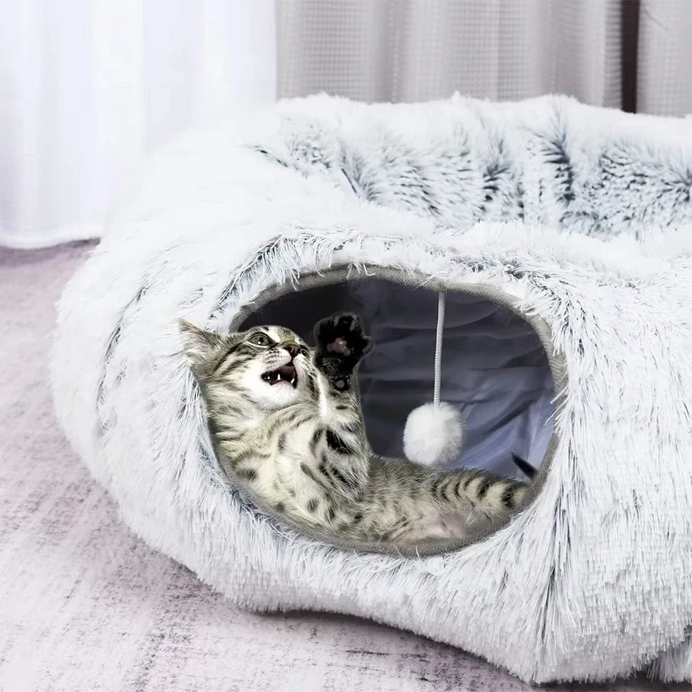 Winter New Arrival Plush Cat Tunnel Bed Foldable Two-in-One round Warmth Pet Nest Thickened Cozy Cuddly Cat Hideaway - Play Paws Toys
