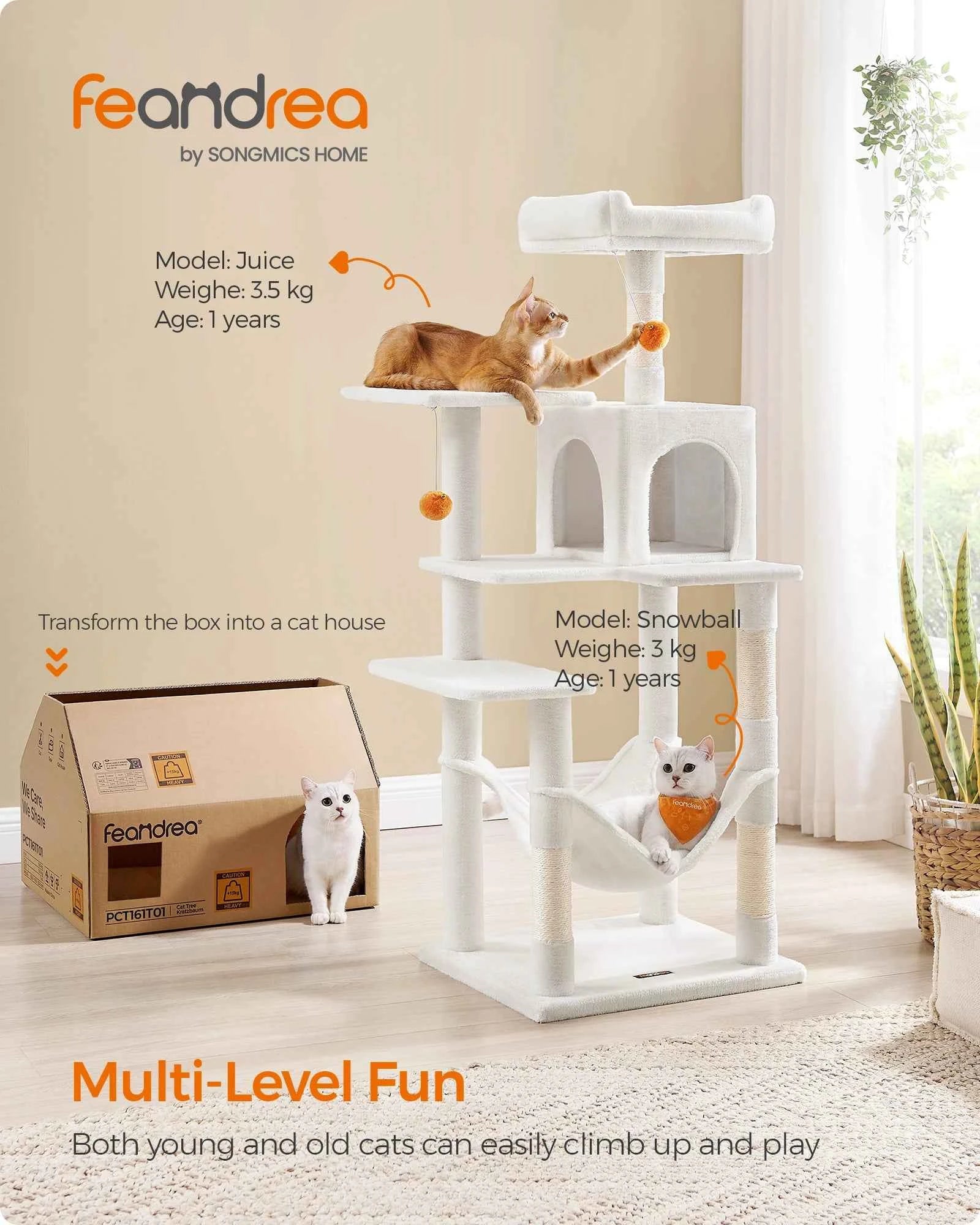 Feandrea Cat Tree, 55.1-Inch Cat Tower, Plush Multi-Level Condo with 4 Scratching Posts, 2 Perches, Hammock, Cave