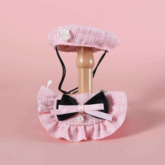1pc Elegant Pet Princess Outfit Set - Chic Beret, Pearl Bow & Floral Bib for Cats and Small Dogs