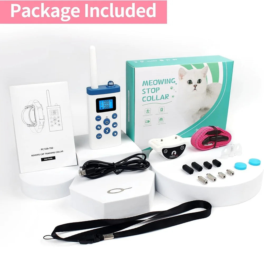 Cat Stop Meowing Collar,Remote Control/Automatic Two-in-one Anti-Meow Training Collar, Cat Accessories Shock Collar with Remote