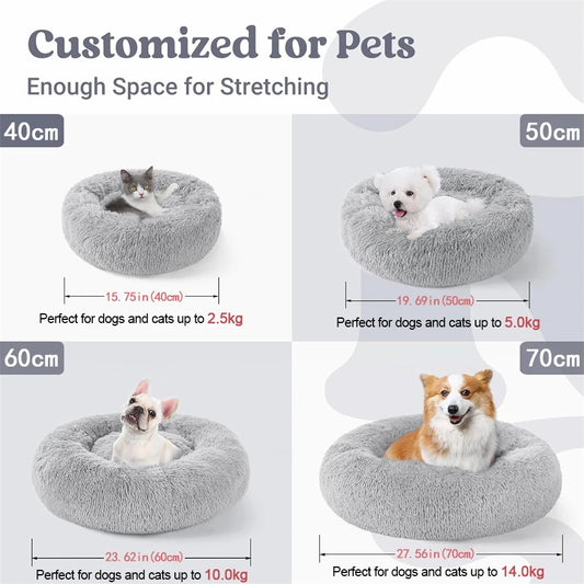 Soft Long Plush Cat House Beds dog Calm Warm Faux Fur Bed Donut Round Comfortable Sleeping Bed Washable for Small Medium Dog Cat - Play Paws Toys