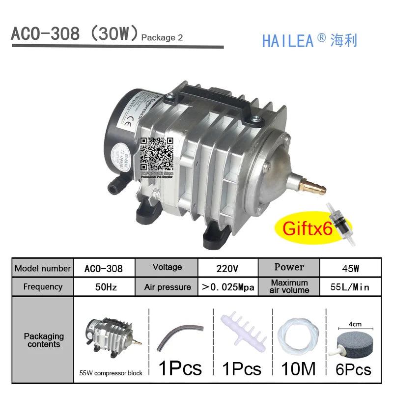 220V Hailea External High Power AC E-magnetic Air Pump Fish Pond Oxygen Pump Compressor for pond Air Aerator Pump ACO-208 308