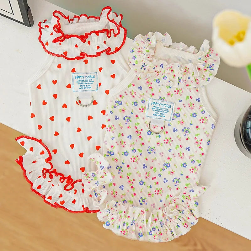 Princess Dog Dress Red Heart Floral Ruffle Skirt Sleeveless Pet Clothes Cute Puppy Cat Apparel For Summer Walking Party