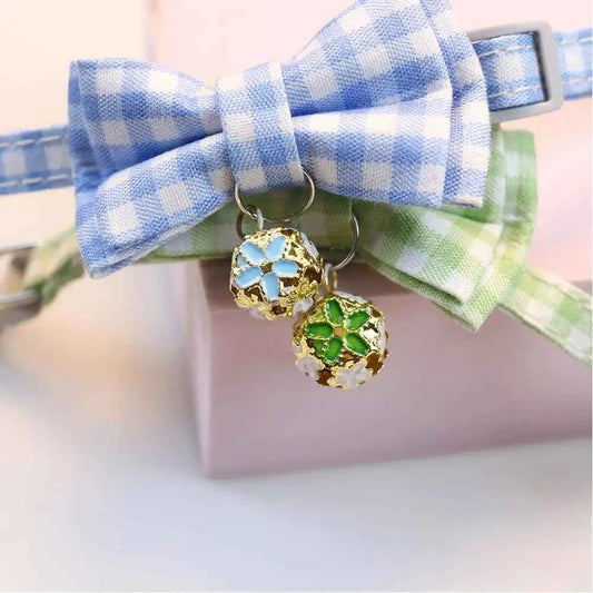 Lattice Bow Pet Cat Collar With Bell Adjustable Pet Collar Bownot Safety Necklace for Puppy Kitten Cat Cute Pattern Pet Supplies
