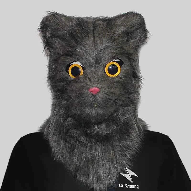 Movable Mouth Cat Head Mask Animal Latex Cute Helmet  Artificial Fur for Halloween Costumes Party Props Adult Size