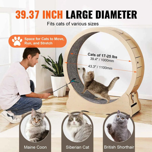 SucceBuy Wooden Cat Exercise Wheel Large Cat Treadmill Wheel for Indoor Cat Running Wheel with Detachable Carpet& Cat Teaser