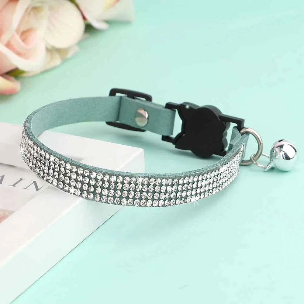 Soft Pink Suede Leather Cat Collar - Cute Bling Rhinestone Design, with Bell & Safety Breakaway Buckle, Adjustable XS/S Sizes