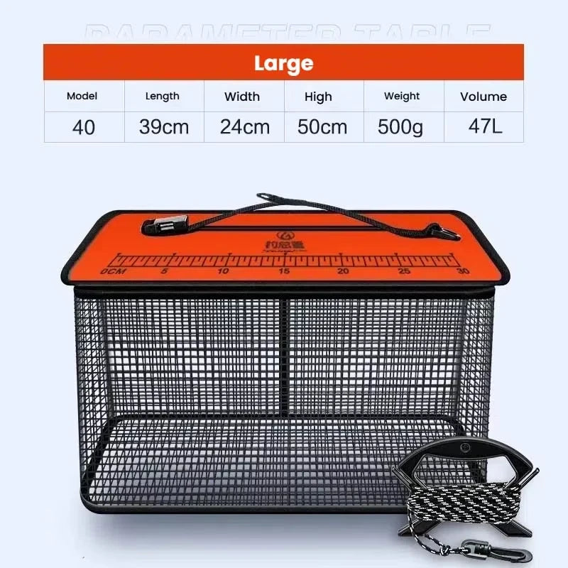 Floating fish basket, foldable fishing rack bucket, portable foldable fishing net for storing fishing equipment in the cage