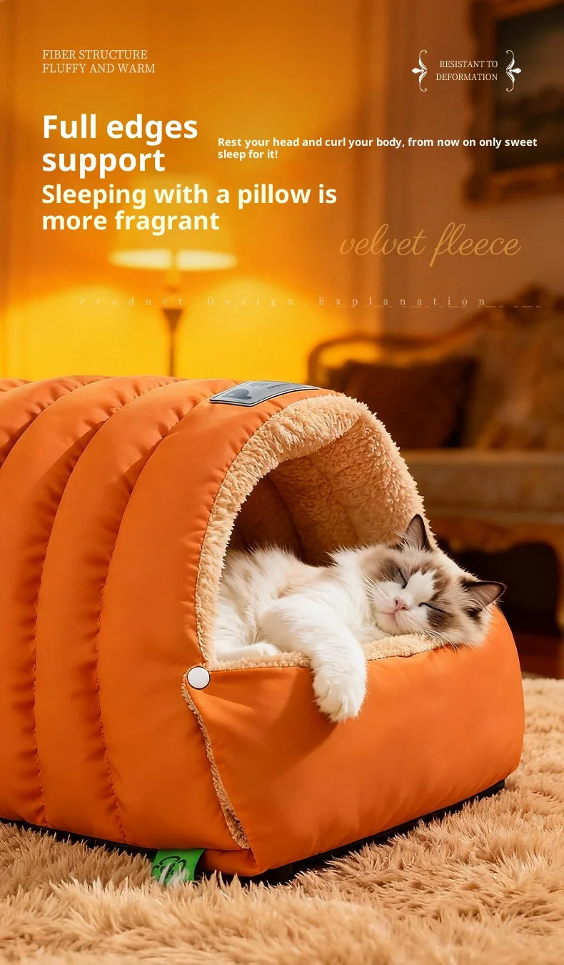 Semi-Enclosed Cat Bed Winter Warm Cat Cave Bed Washable Cat House Non-Slip Warm Waterproof Bottom for Indoor Cats Anti-Anxiety