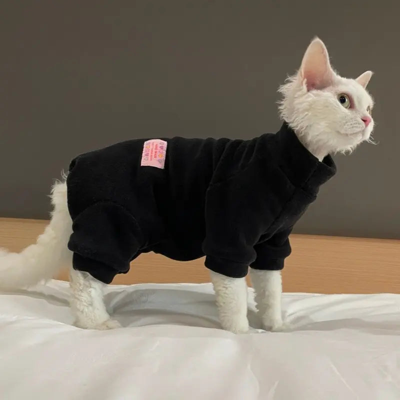 Fleece Coat for Sphynx Cat Warm Sweatshirt 4-legged Jumpsuit for Kittens Dogs soft Loungewear for Male Cat Devon Rex Sweater - Play Paws Toys