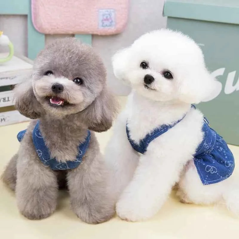 Small Dogs Clothes Designer Luxury Puppy Summer Clothes Girls Cat Dresses,Love Jeans Harness Vest Denim Dress One Piece S-XXL