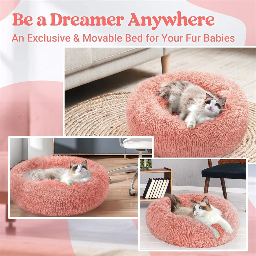 Soft Long Plush Cat House Beds dog Calm Warm Faux Fur Bed Donut Round Comfortable Sleeping Bed Washable for Small Medium Dog Cat - Play Paws Toys