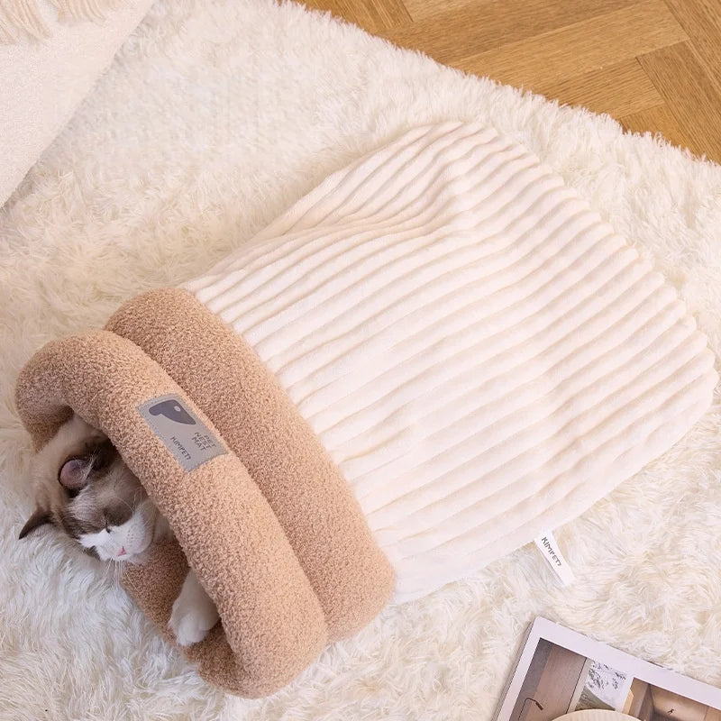 Warming Plush Cat Sleeping Bag: Enclosed Snuggle Sack with Burrow Entry for Winter - Cozy Fuzz Sleeping Bag for Anxious Cats - Play Paws Toys