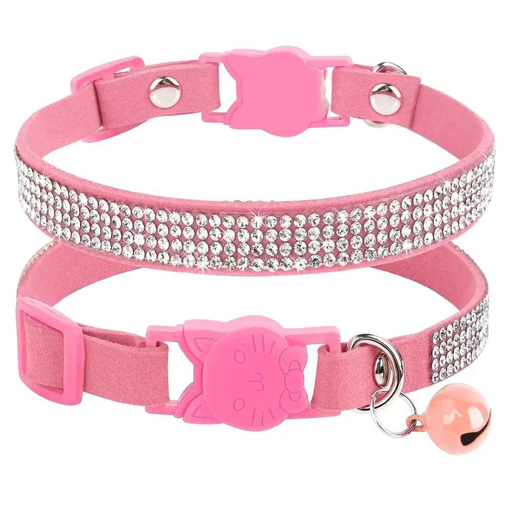 Soft Pink Suede Leather Cat Collar - Bling Rhinestone Design with Bell, Safety Breakaway & Adjustable XS/S for Cats & Puppies