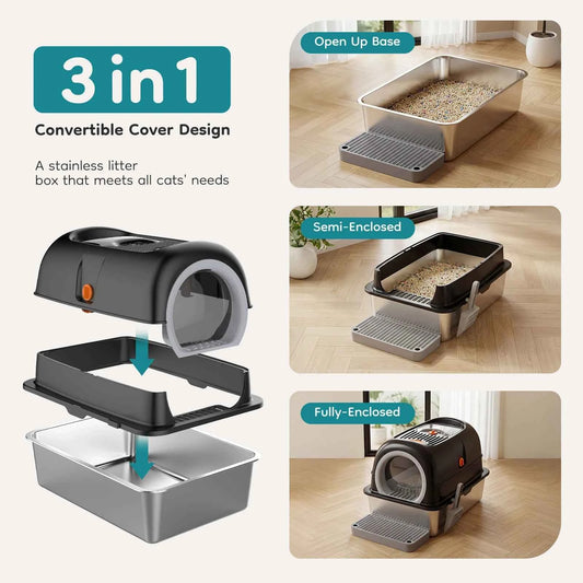 JHK 24IN Stainless Steel Cat Litter Box with Fully Enclosed 30L Large Cat Litter Box for Big Cats Cat Box Scoop and Mat Included