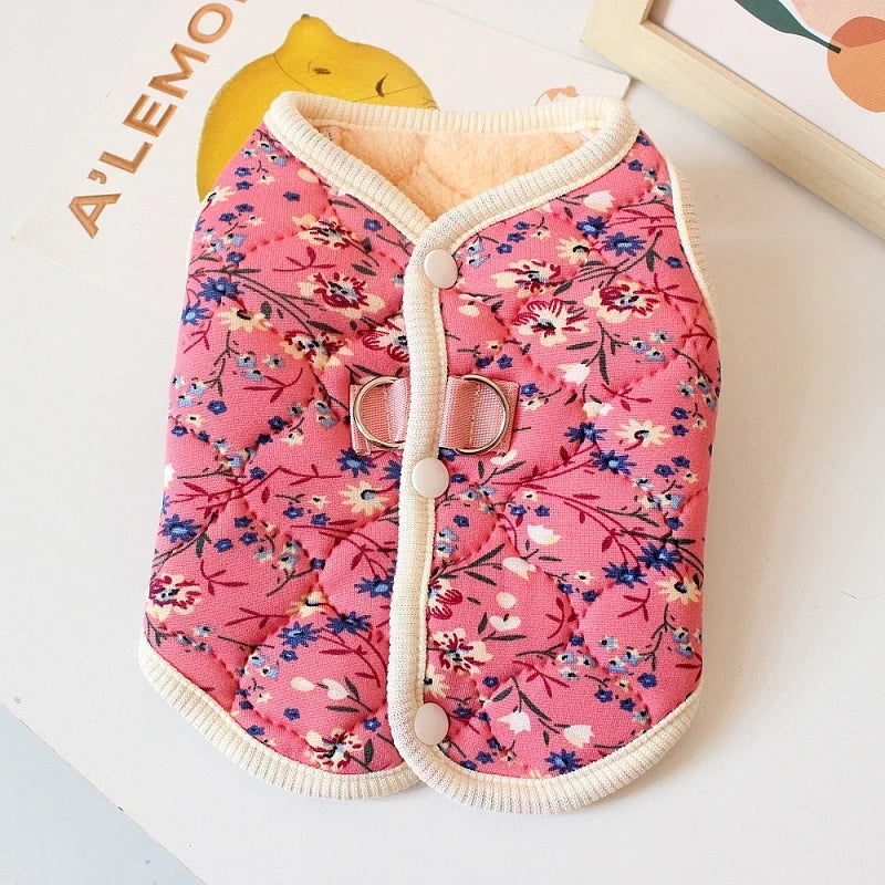Winter Dog Jacket Floral Print Vest Coat Chihuahua Bichon Warm Clothing Puppy Outdoor Jacket With D-ring Winter Pet Costume