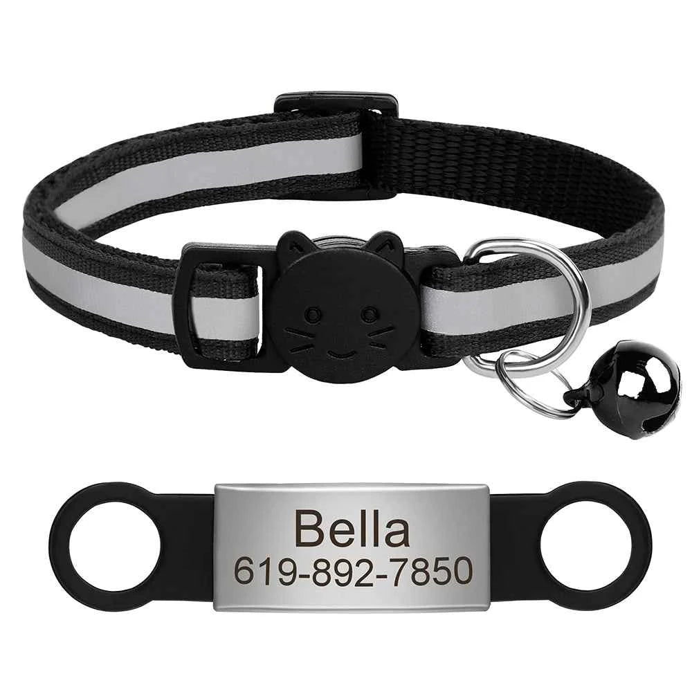 Customized Cat Collar Reflective Cat Collar Free Engraved Puppy Kitten Pet ID Nameplate Necklace With Bell Anti-lost For Cats
