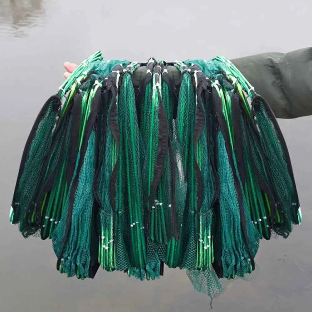 Durable Foldable 6/8/10 Holes Fishing Net Green Hand Fishing Net Nylon 40~82cm Crayfish Shrimp Catcher