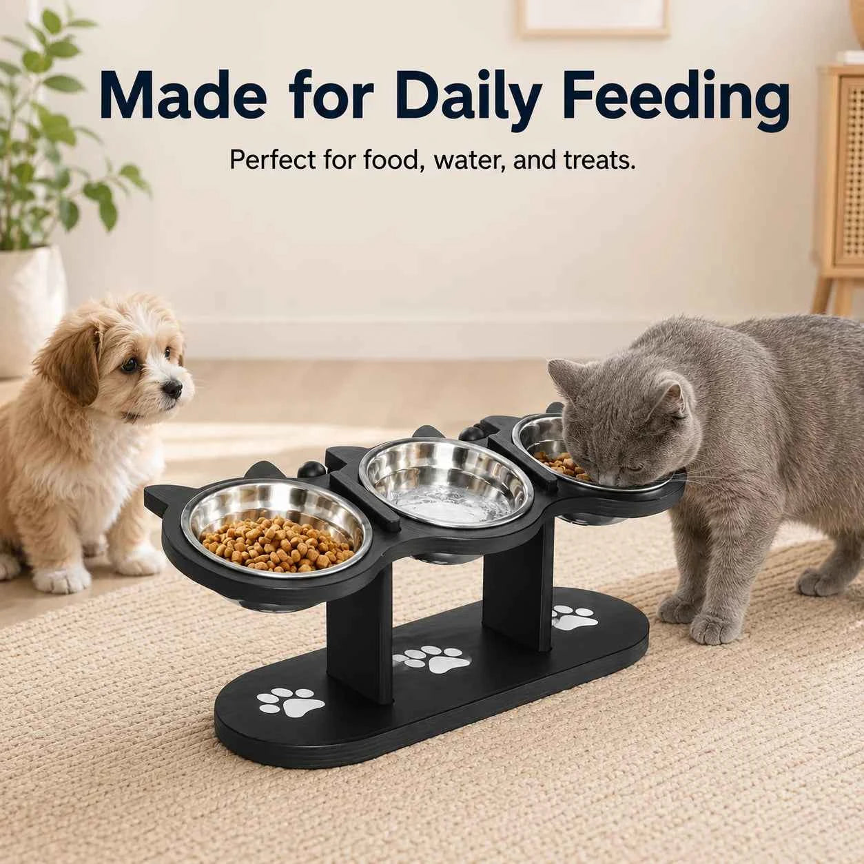 15° Tilted Elevated Cat Bowl Stand with 3 Stainless Steel Bowls for Cats, Puppies and Small Pets, Detachable, Easy to Clean