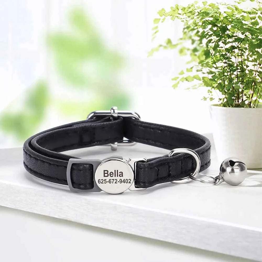 Custom Cat Collar Personalized PU Leather Kitten Puppy Collars Free Engraved ID Nameplate Necklace With Bell for cat Anti-lost