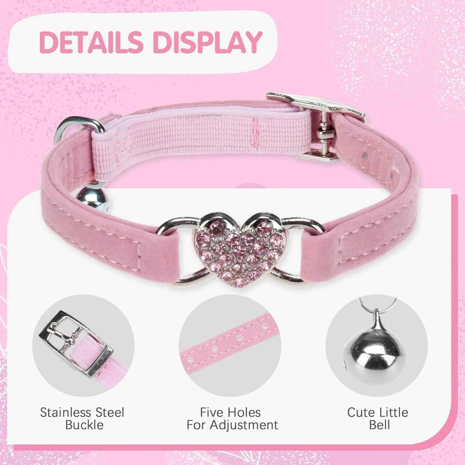 Personalized Heart Shaped Cat Collar With Bell Safety Elastic Adjustable Collar Soft Velvet Cat Crystal Collar for Kitten Puppy