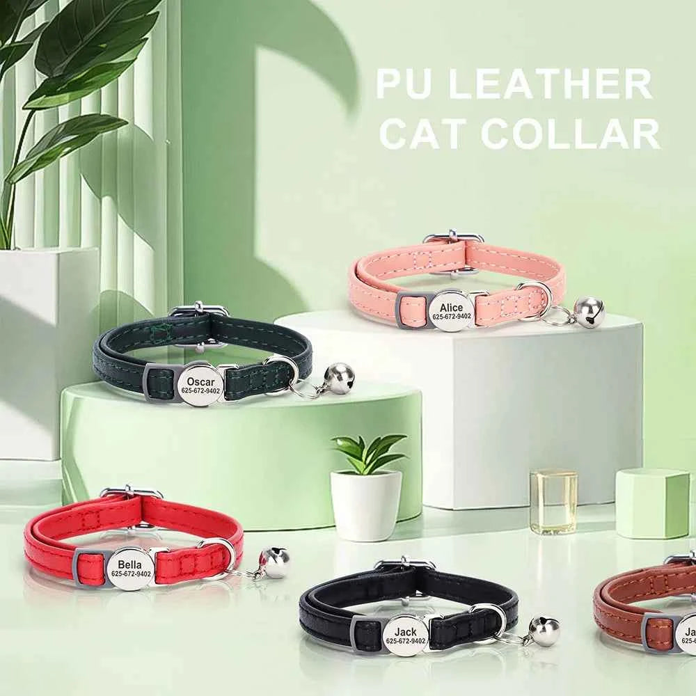 Custom Cat Collar Personalized PU Leather Kitten Puppy Collars Free Engraved ID Nameplate Necklace With Bell for cat Anti-lost
