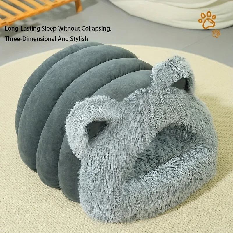 Enclosed Pet Bed Winter Warm Plush Hooded Cat Bed House with Cute Ears Indoor Nest Cave Comfort Kittens Hideaway for Small Dog - Play Paws Toys