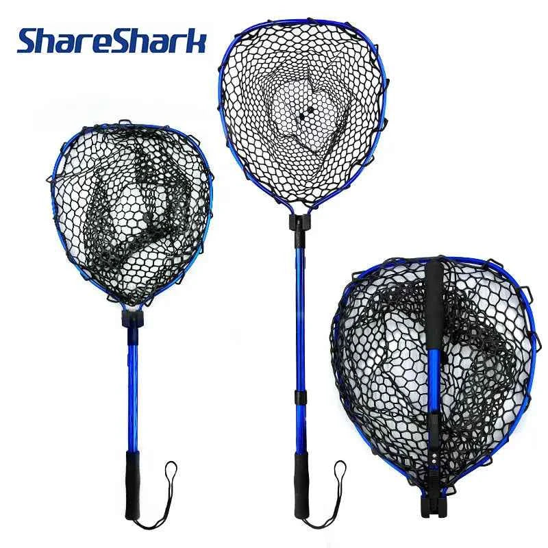 ShareShark Ultra-light portable soft rubber net with aluminum alloy handle, foldable fly fishing landing net fishing tool access
