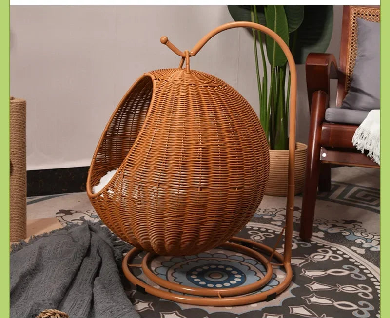 Semi-enclosed Pet Hammock Hanging Cat Nest Round Rattan Cat Cage Cat Bed with Plush Cushion Pet Cradle Bed Cat Accessories - Play Paws Toys