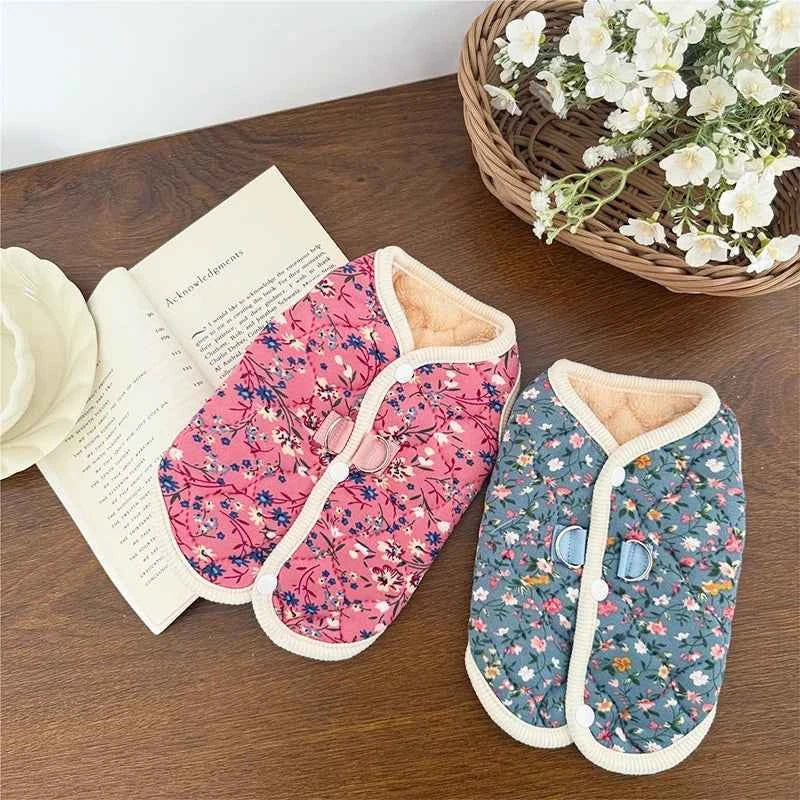 Winter Dog Jacket Floral Print Vest Coat Chihuahua Bichon Warm Clothing Puppy Outdoor Jacket With D-ring Winter Pet Costume