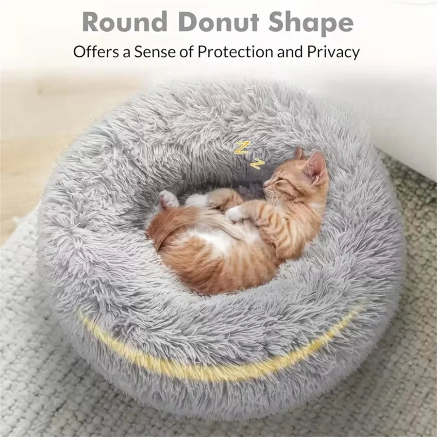 Soft Long Plush Cat House Beds dog Calm Warm Faux Fur Bed Donut Round Comfortable Sleeping Bed Washable for Small Medium Dog Cat - Play Paws Toys