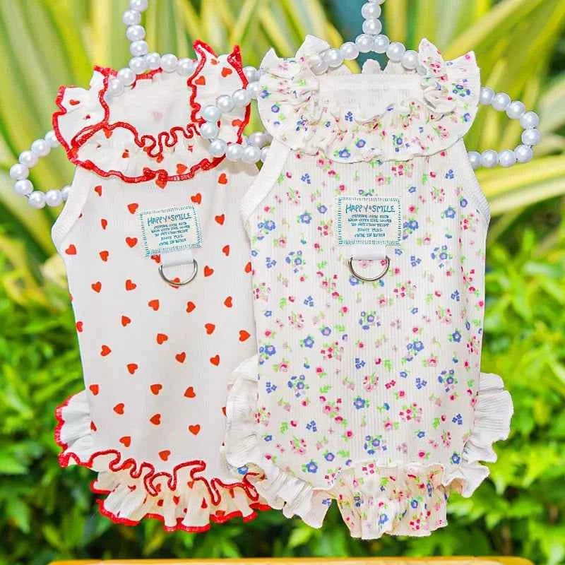 Princess Dog Dress Red Heart Floral Ruffle Skirt Sleeveless Pet Clothes Cute Puppy Cat Apparel For Summer Walking Party