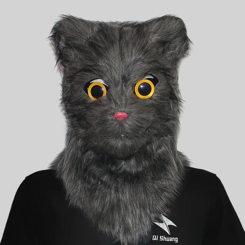 Movable Mouth Cat Head Mask Animal Latex Cute Helmet  Artificial Fur for Halloween Costumes Party Props Adult Size