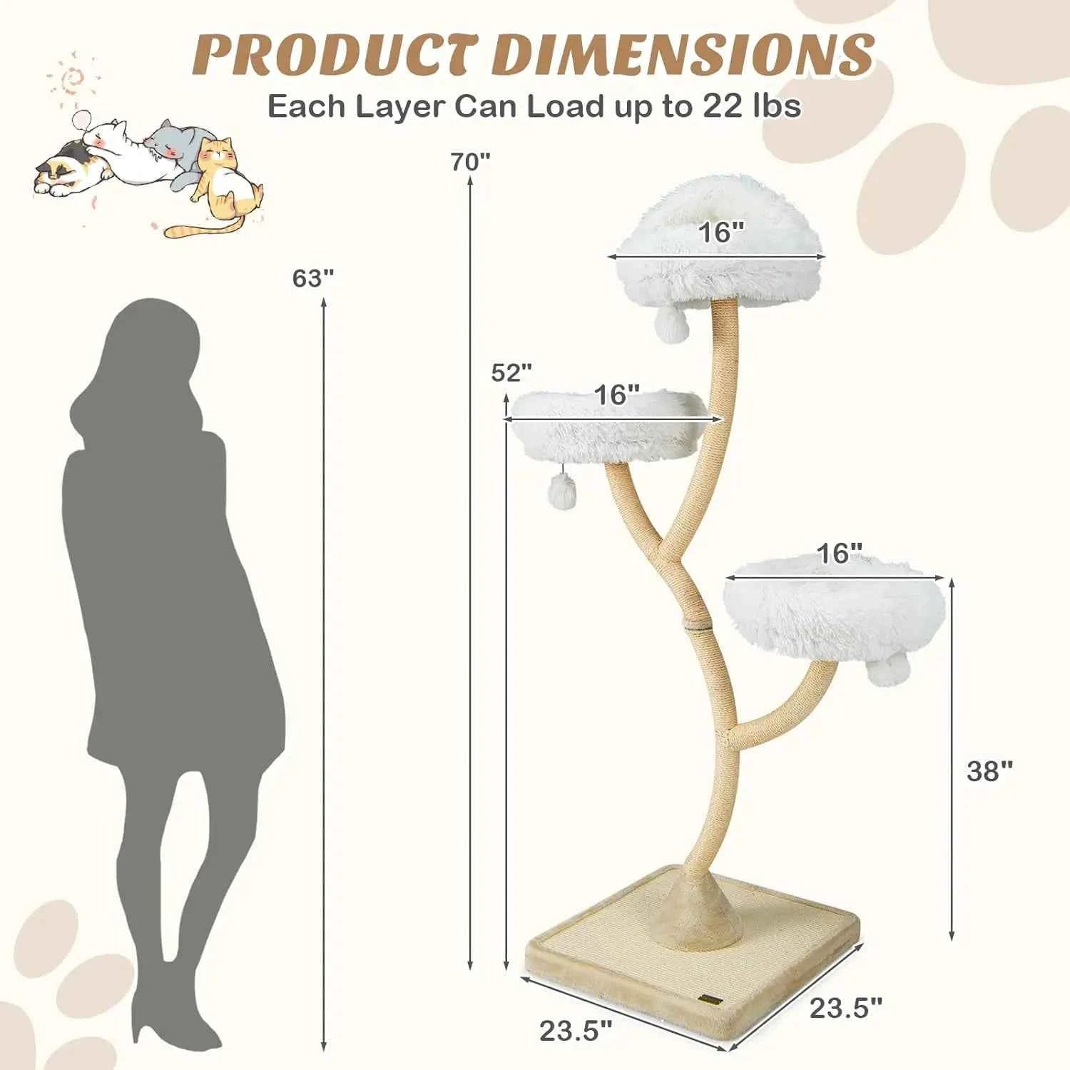 70" Tall Multi-Level Cat Tree Tower Scratching Posts Board 3 Perches Dangling Balls Indoor Large Cats 20 lbs+, Custom