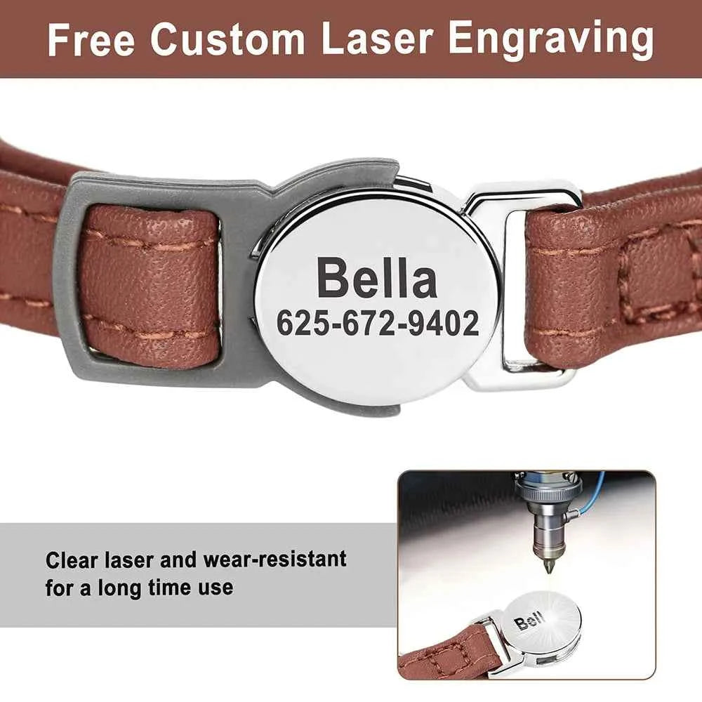 Custom Cat Collar Personalized PU Leather Kitten Puppy Collars Free Engraved ID Nameplate Necklace With Bell for cat Anti-lost