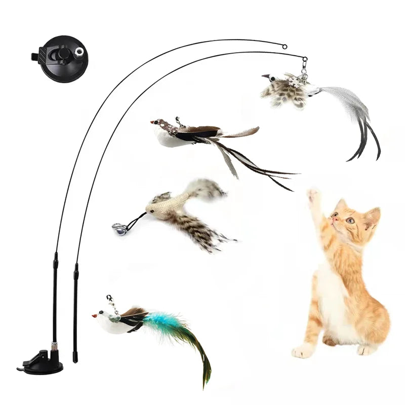 Simulation Bird Interactive Funny Cat Stick Toy Furry Feather Bird With Bell Sucker Cat Stick Toy Kitten Playing Pet Accessories