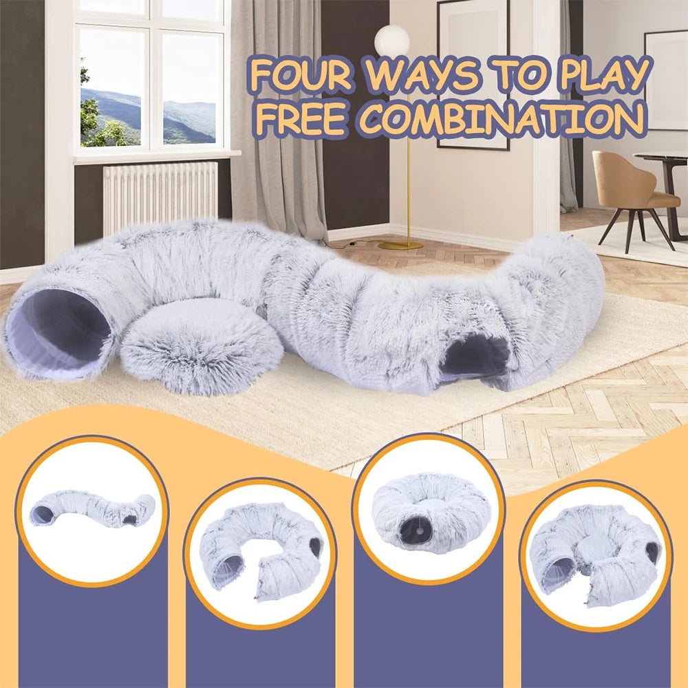 Winter New Arrival Plush Cat Tunnel Bed Foldable Two-in-One round Warmth Pet Nest Thickened Cozy Cuddly Cat Hideaway - Play Paws Toys